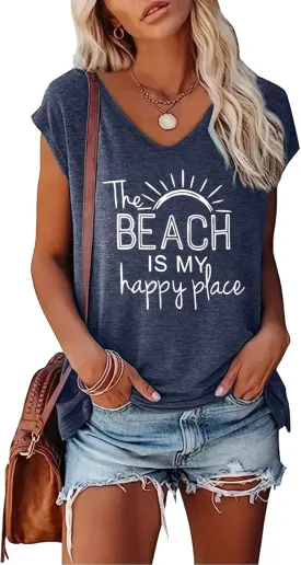 LOOKFACE Women's V-Neck Casual Loose Fit Tees Cap Sleeve Graphic Beach Tops