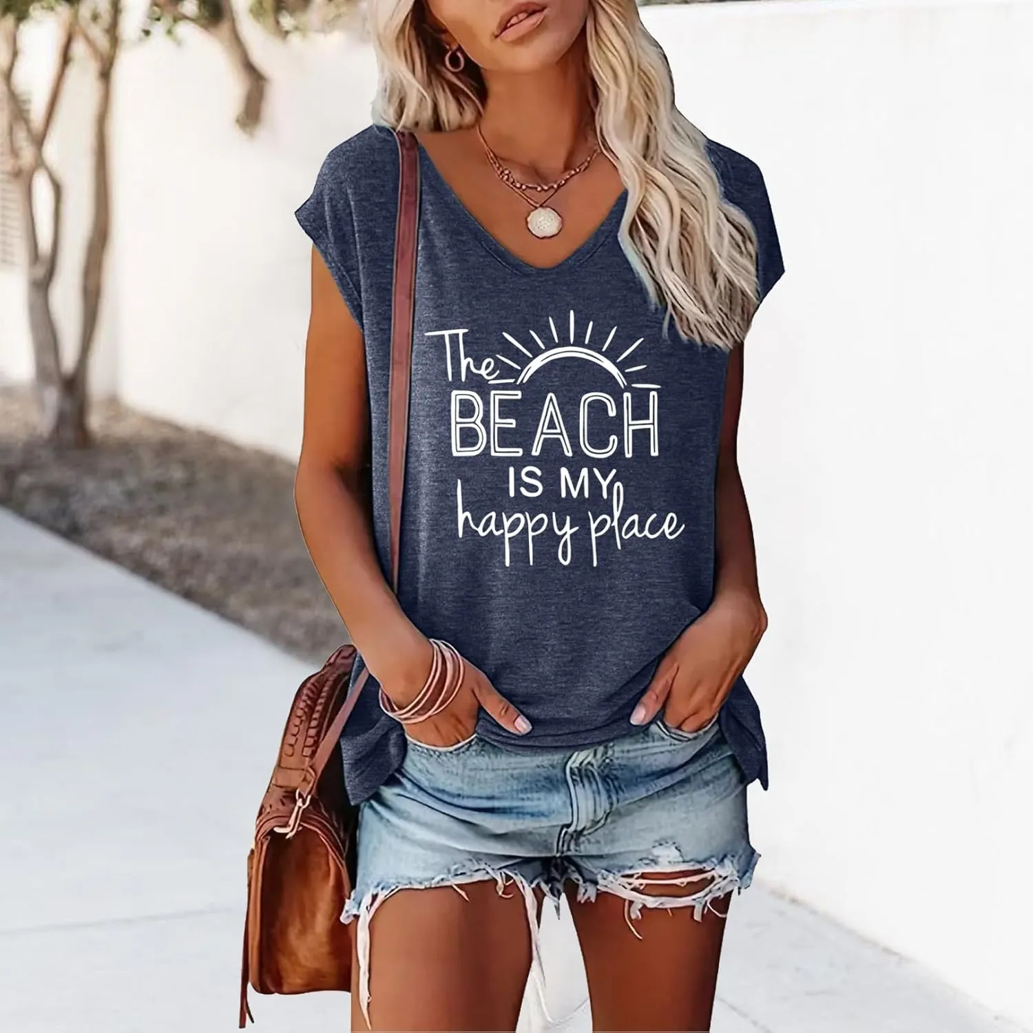 LOOKFACE Women's V-Neck Casual Loose Fit Tees Cap Sleeve Graphic Beach Tops