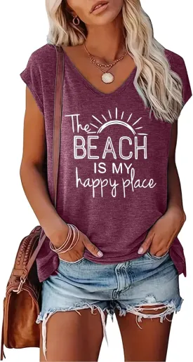 LOOKFACE Women's V-Neck Casual Loose Fit Tees Cap Sleeve Graphic Beach Tops