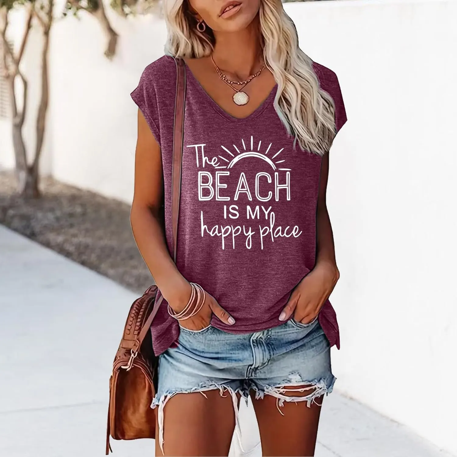LOOKFACE Women's V-Neck Casual Loose Fit Tees Cap Sleeve Graphic Beach Tops