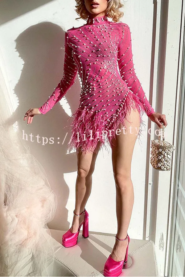 Lover Kisses Mesh Rhinestone Beaded Feather Mini Dress