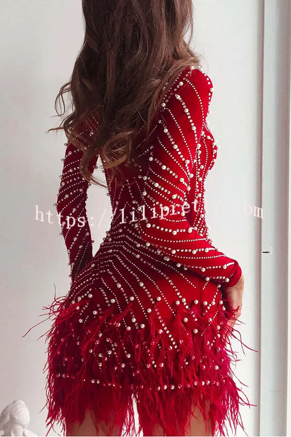 Lover Kisses Mesh Rhinestone Beaded Feather Mini Dress