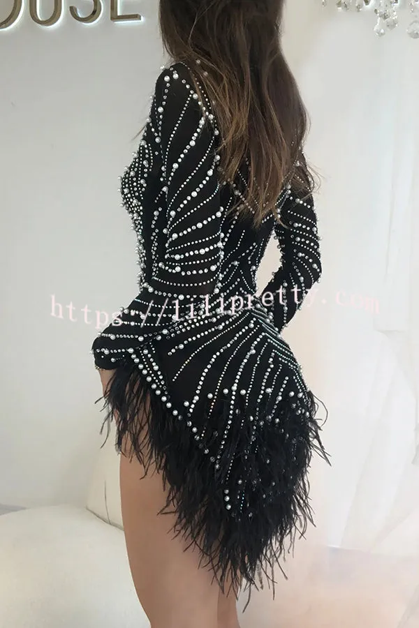 Lover Kisses Mesh Rhinestone Beaded Feather Mini Dress