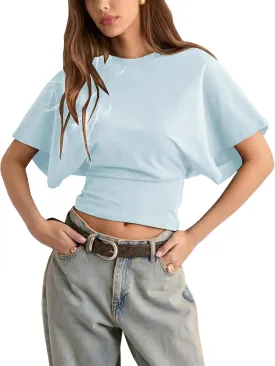 Lumister Shirts for Womens Crewneck Tighten Waist T-Shirt Casual Short Sleeve Workout Tops Solid Color Basic Tees