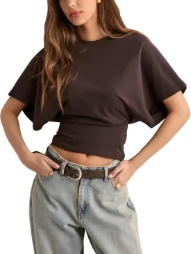 Lumister Shirts for Womens Crewneck Tighten Waist T-Shirt Casual Short Sleeve Workout Tops Solid Color Basic Tees
