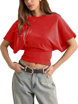 Lumister Shirts for Womens Crewneck Tighten Waist T-Shirt Casual Short Sleeve Workout Tops Solid Color Basic Tees