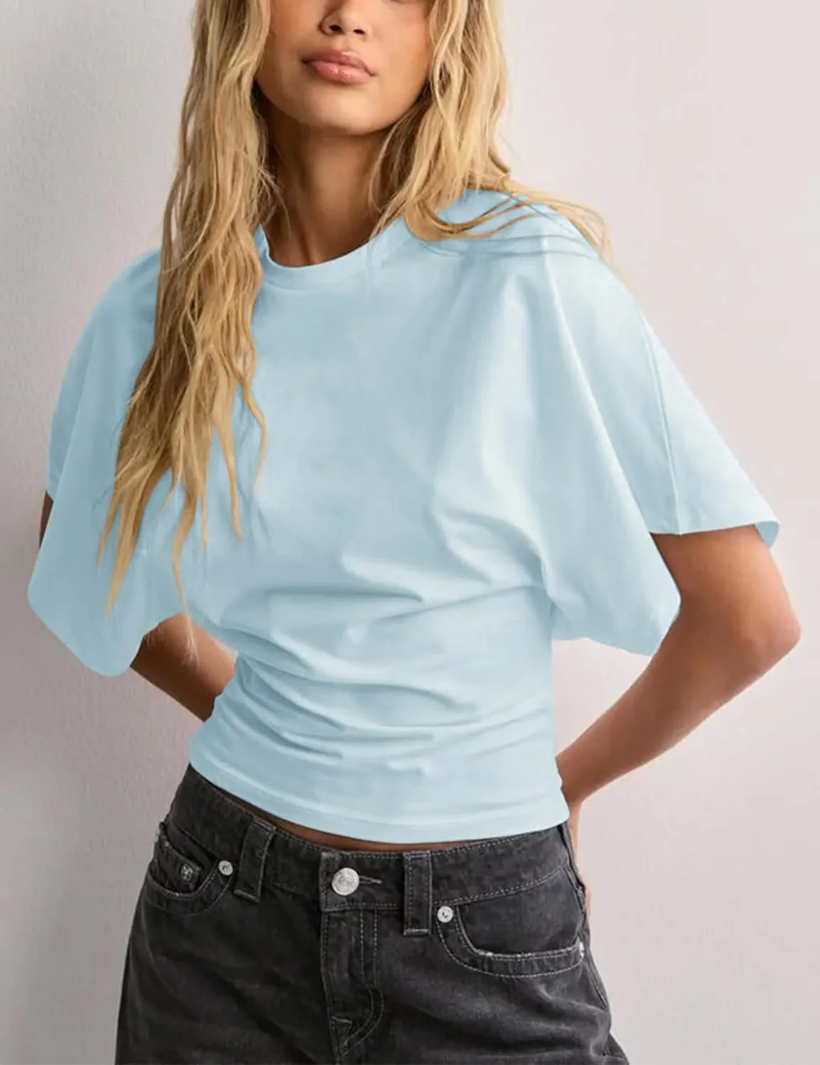 Lumister Shirts for Womens Crewneck Tighten Waist T-Shirt Casual Short Sleeve Workout Tops Solid Color Basic Tees