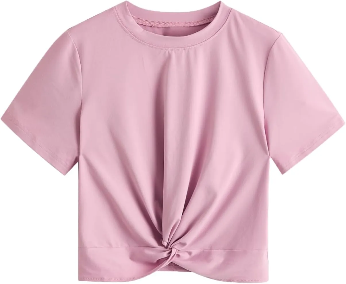 MakeMeChic Women's Summer Crop Top Solid Short Sleeve Twist Front Tee T-Shirt
