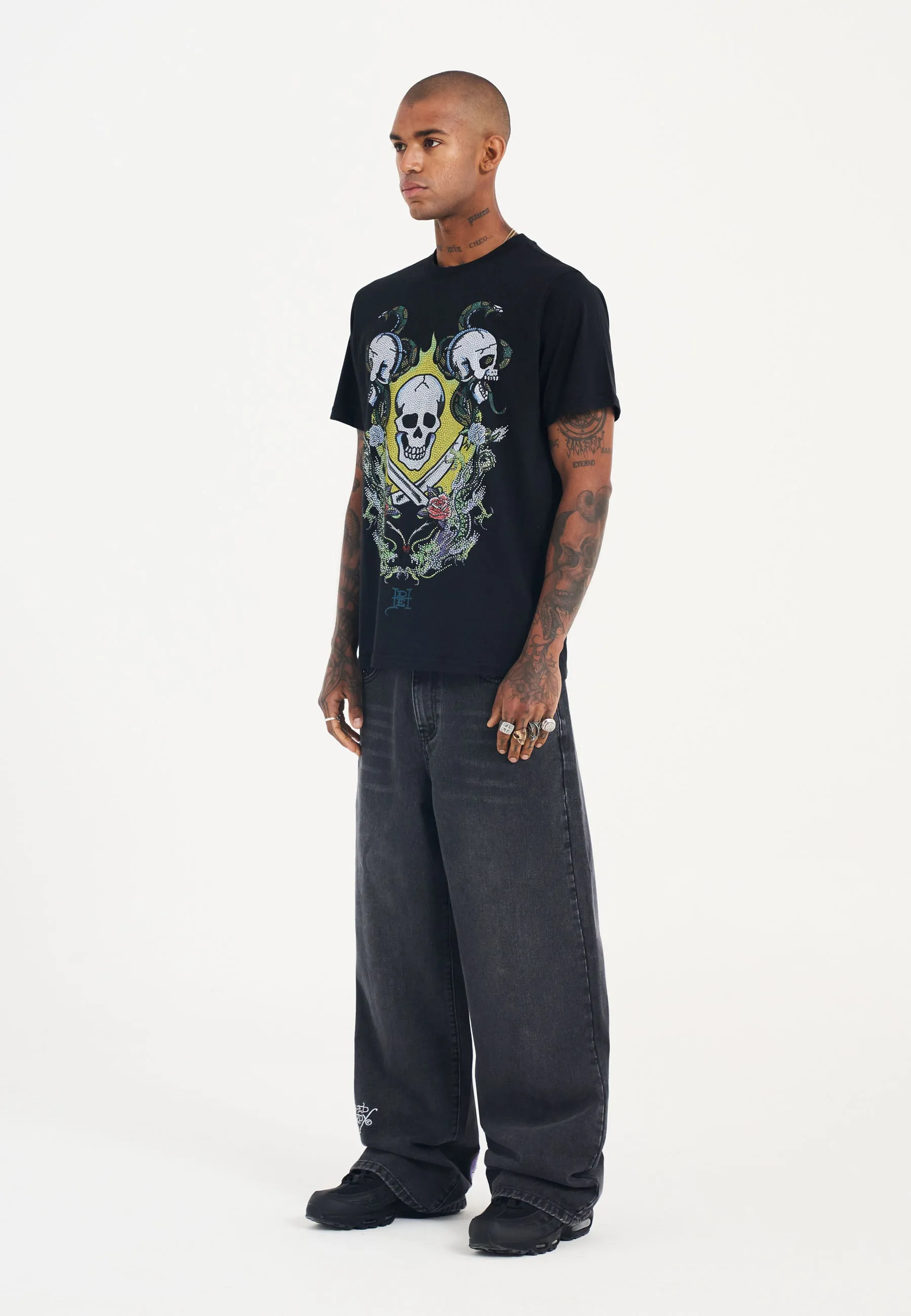 Mens Skull And Drag Battle Diamante Tshirt - Black