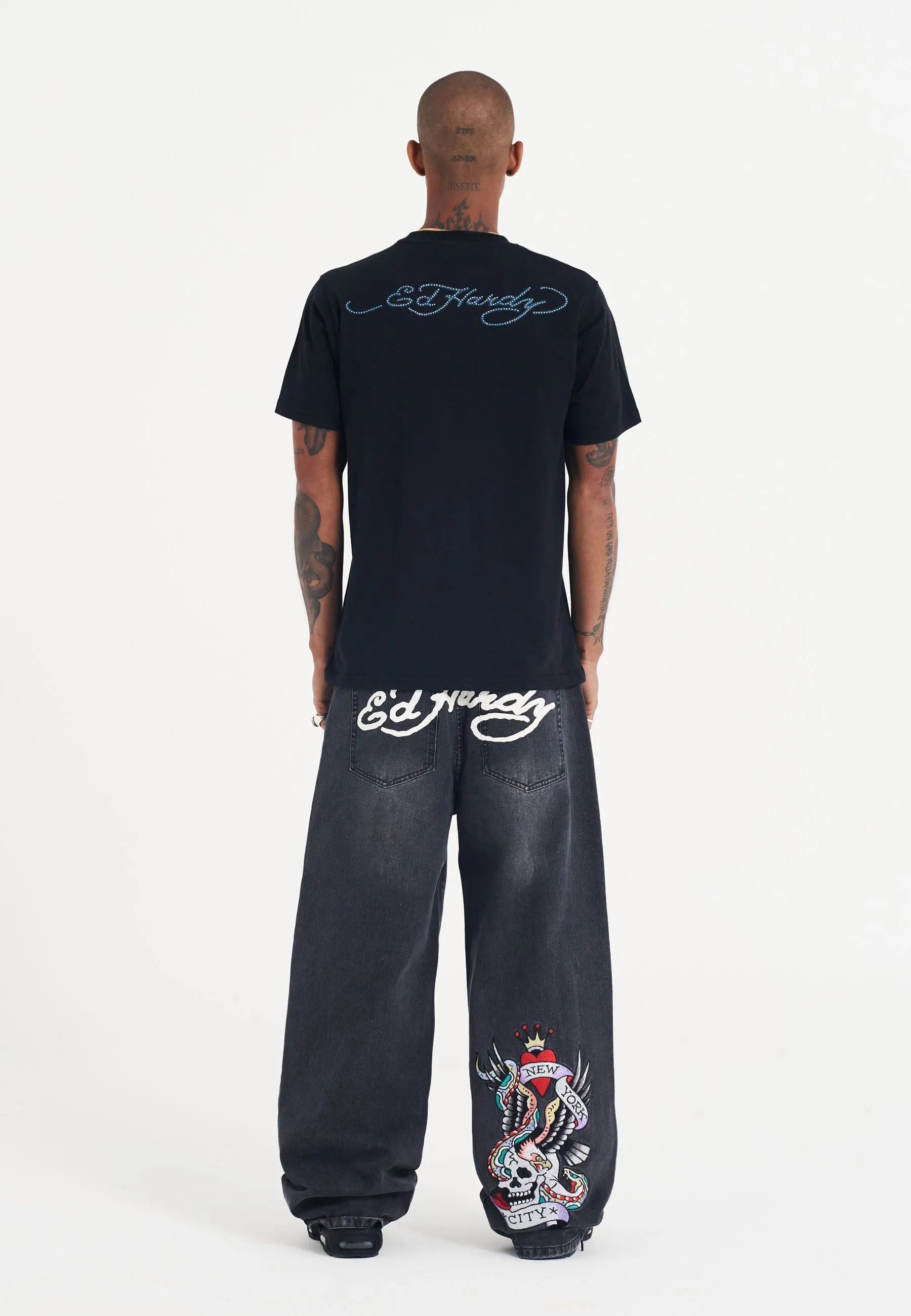 Mens Skull And Drag Battle Diamante Tshirt - Black