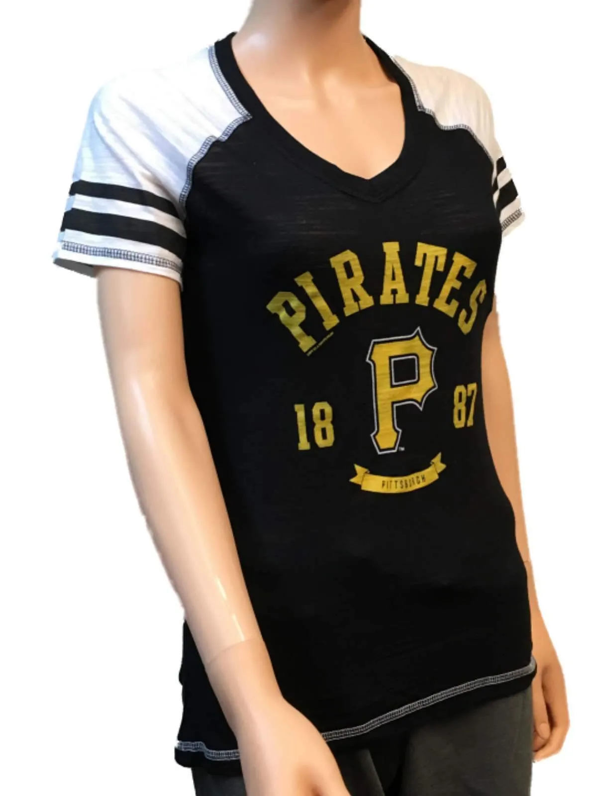 Pittsburgh Pirates SAAG Women Black Light Baseball Tri-Blend V-Neck T-Shirt