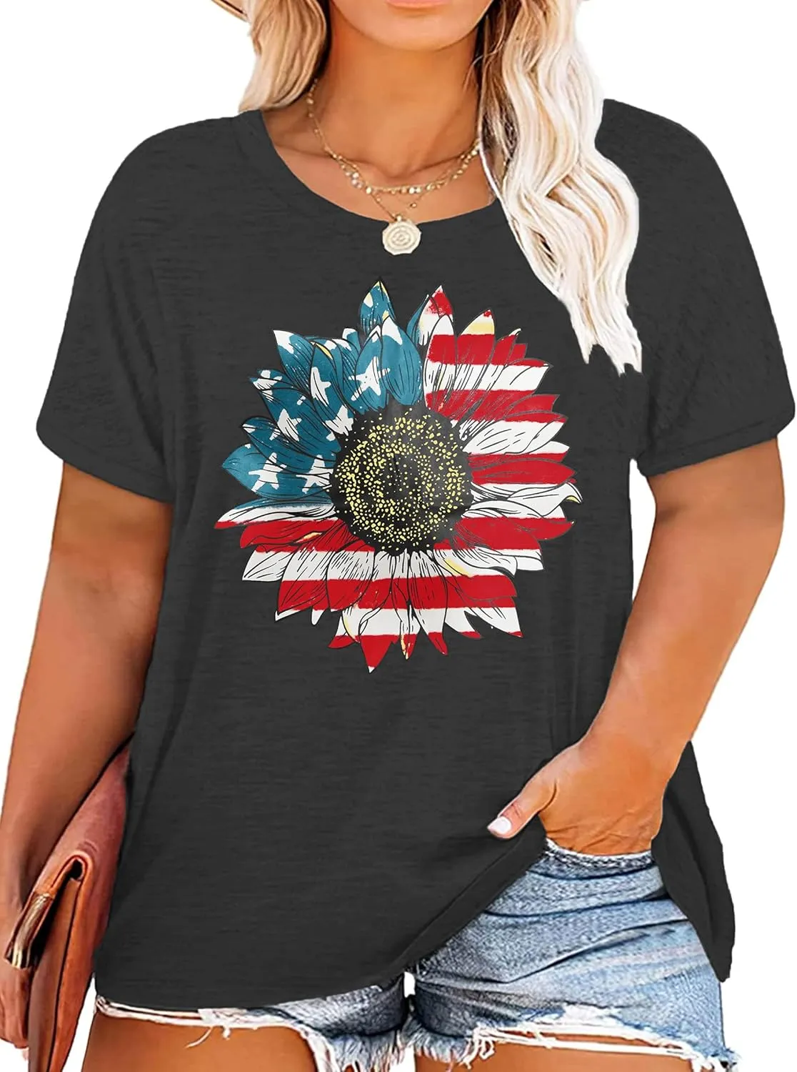 Plus Size American Flag Shirts Women Patriotic Shirts USA Flag Graphic T-Shirt 4th of July Tee Tops
