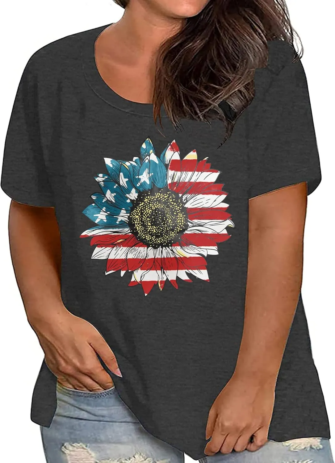 Plus Size American Flag Shirts Women Patriotic Shirts USA Flag Graphic T-Shirt 4th of July Tee Tops