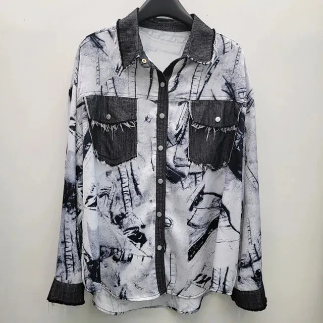 Pre Order:  Loose Denim Splice Tie Dye Casual Shirt
