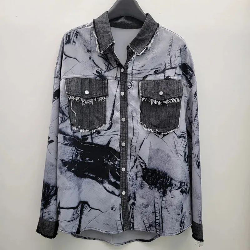 Pre Order:  Loose Denim Splice Tie Dye Casual Shirt