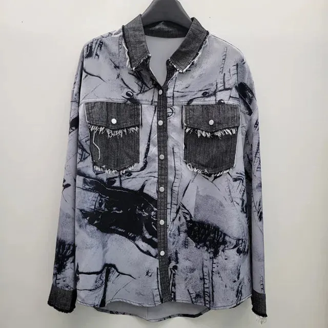 Pre Order:  Loose Denim Splice Tie Dye Casual Shirt