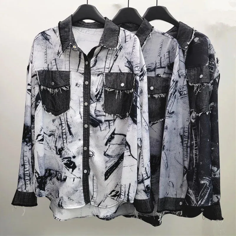 Pre Order:  Loose Denim Splice Tie Dye Casual Shirt