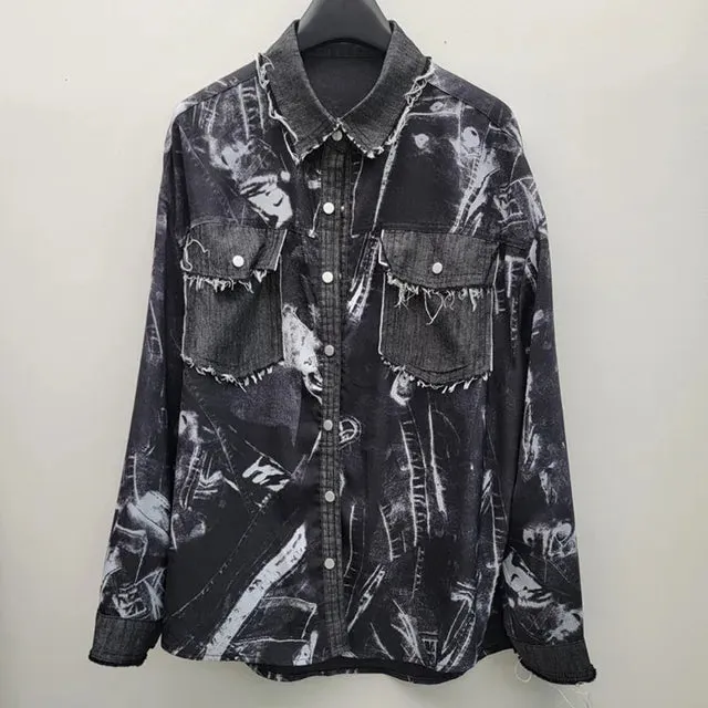 Pre Order:  Loose Denim Splice Tie Dye Casual Shirt