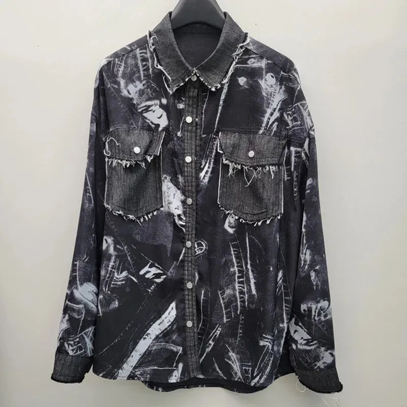 Pre Order:  Loose Denim Splice Tie Dye Casual Shirt