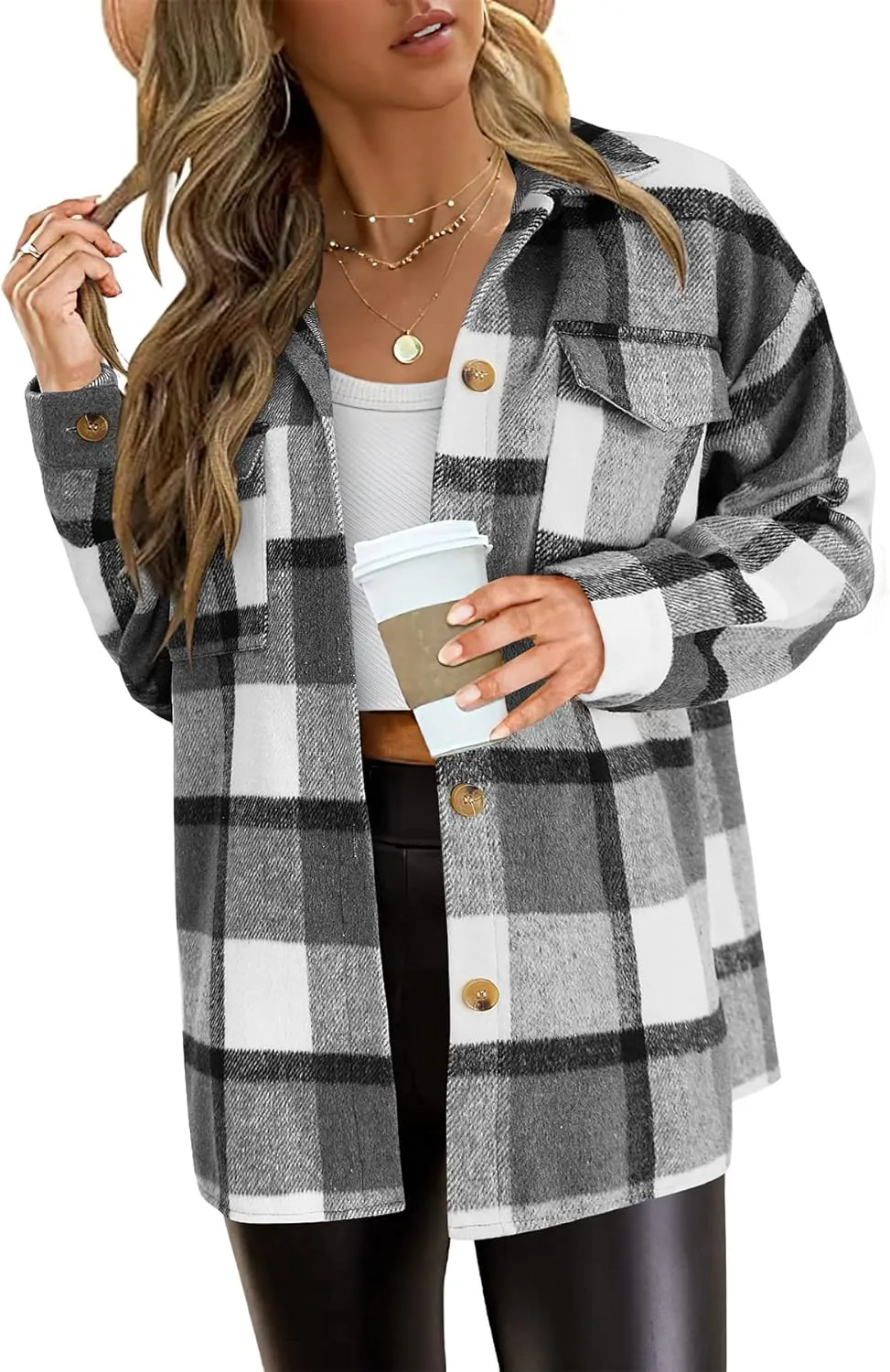 PRETTYGARDEN Women's Fall Clothes Plaid Shacket Jacket Trendy Casual Long Sleeve Button Down Flannel Shirts Fashion Blouse