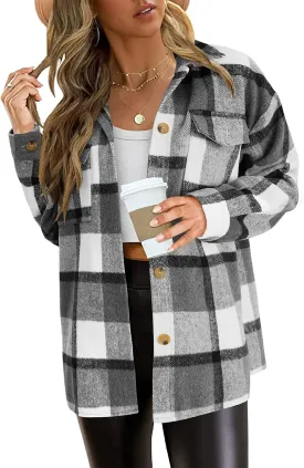 PRETTYGARDEN Women's Fall Clothes Plaid Shacket Jacket Trendy Casual Long Sleeve Button Down Flannel Shirts Fashion Blouse