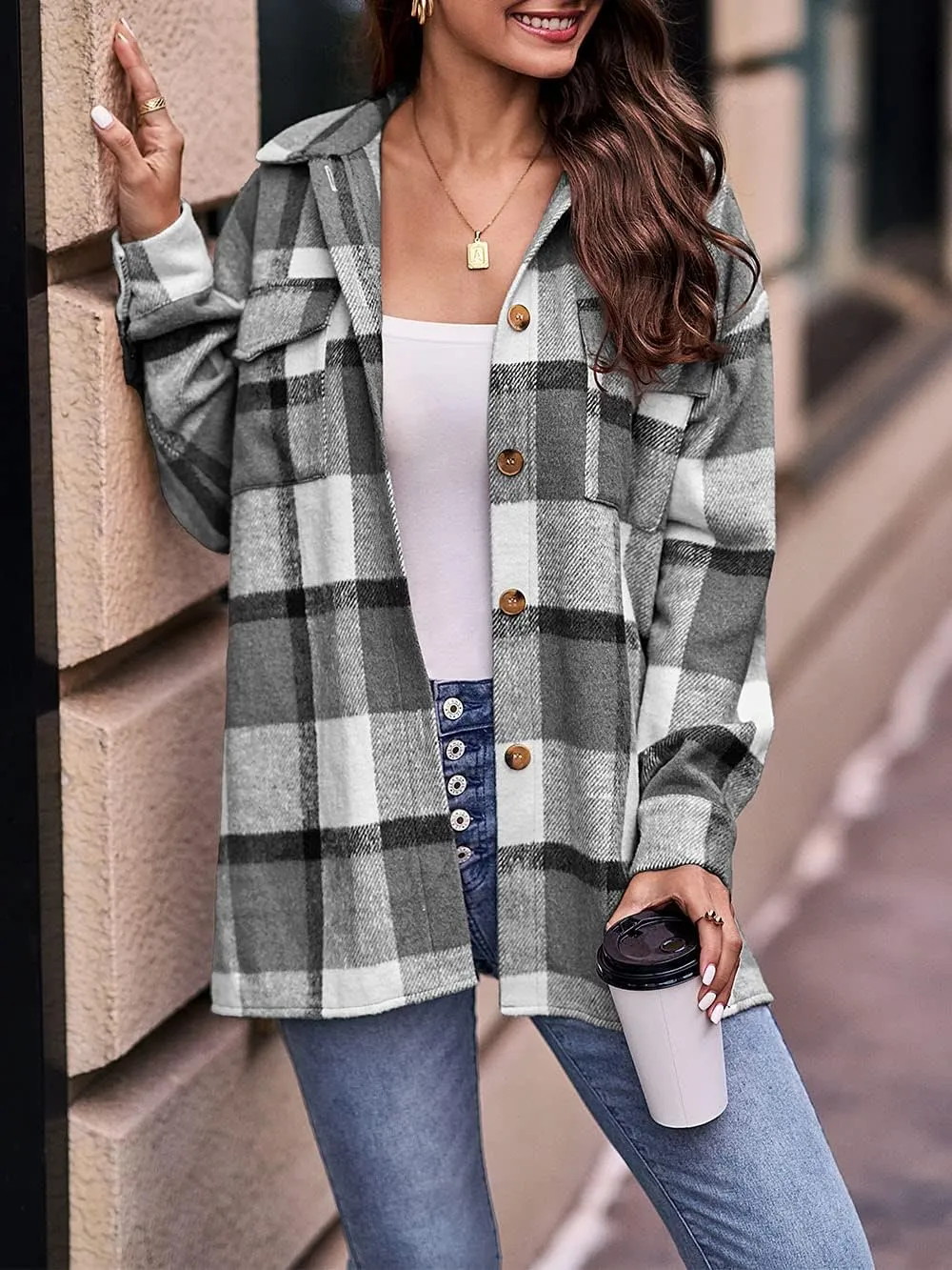 PRETTYGARDEN Women's Fall Clothes Plaid Shacket Jacket Trendy Casual Long Sleeve Button Down Flannel Shirts Fashion Blouse
