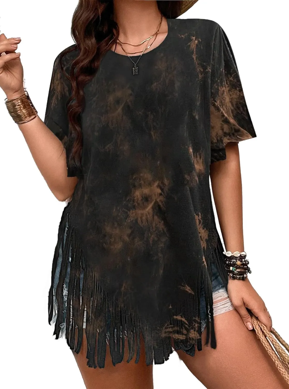 Remidoo Womens Fringe Hem Short Sleeve Round Neck T Shirt Oversized Tee Top