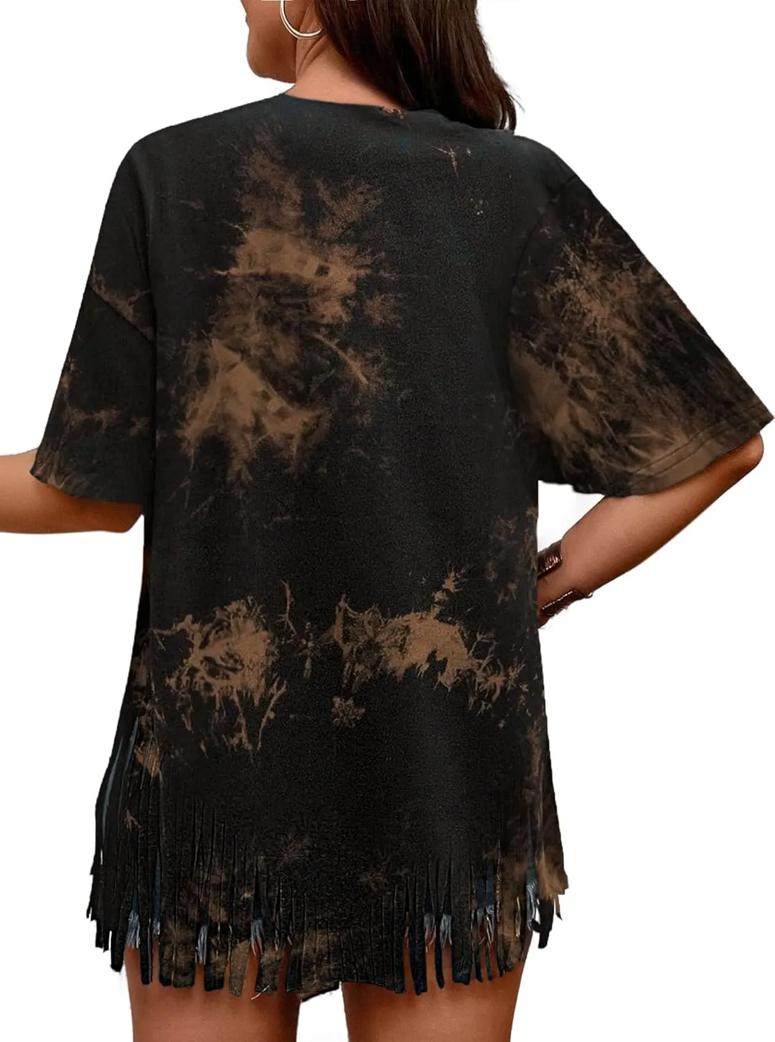Remidoo Womens Fringe Hem Short Sleeve Round Neck T Shirt Oversized Tee Top