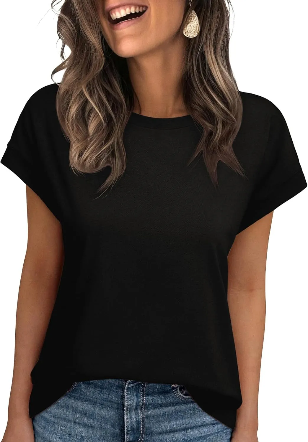REORIA Women's Cap Sleeve Crew Neck Loose T Shirt Business Casual Dressy Basic Tops for Summer 2025