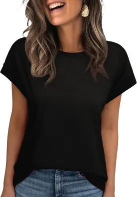 REORIA Women's Cap Sleeve Crew Neck Loose T Shirt Business Casual Dressy Basic Tops for Summer 2025