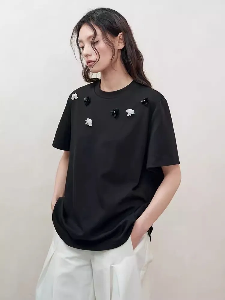 Retro three-dimensional beaded flowers loose T-shirt【s0000008192】