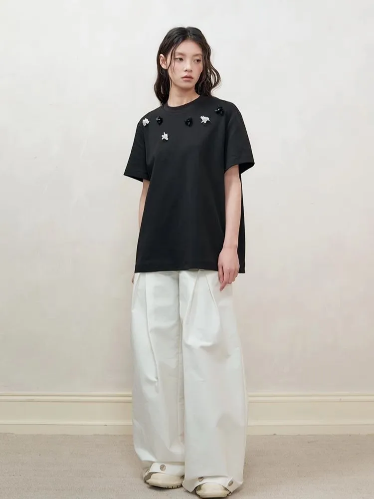 Retro three-dimensional beaded flowers loose T-shirt【s0000008192】