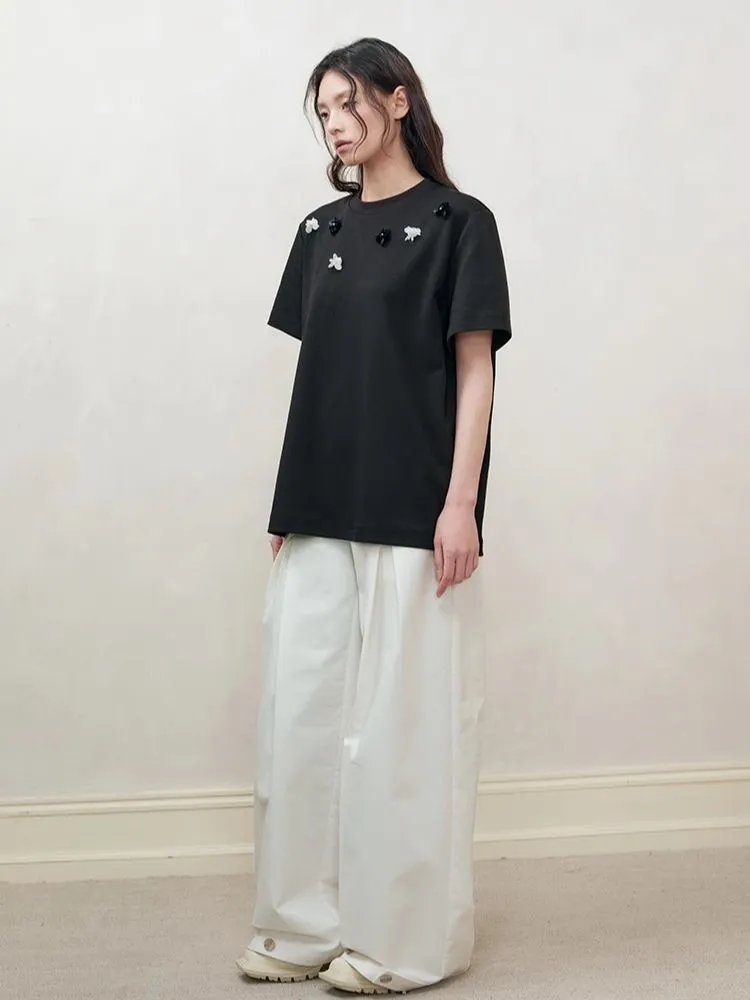 Retro three-dimensional beaded flowers loose T-shirt【s0000008192】