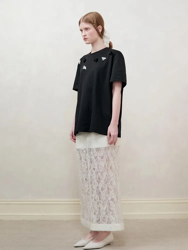 Retro three-dimensional beaded flowers loose T-shirt【s0000008192】