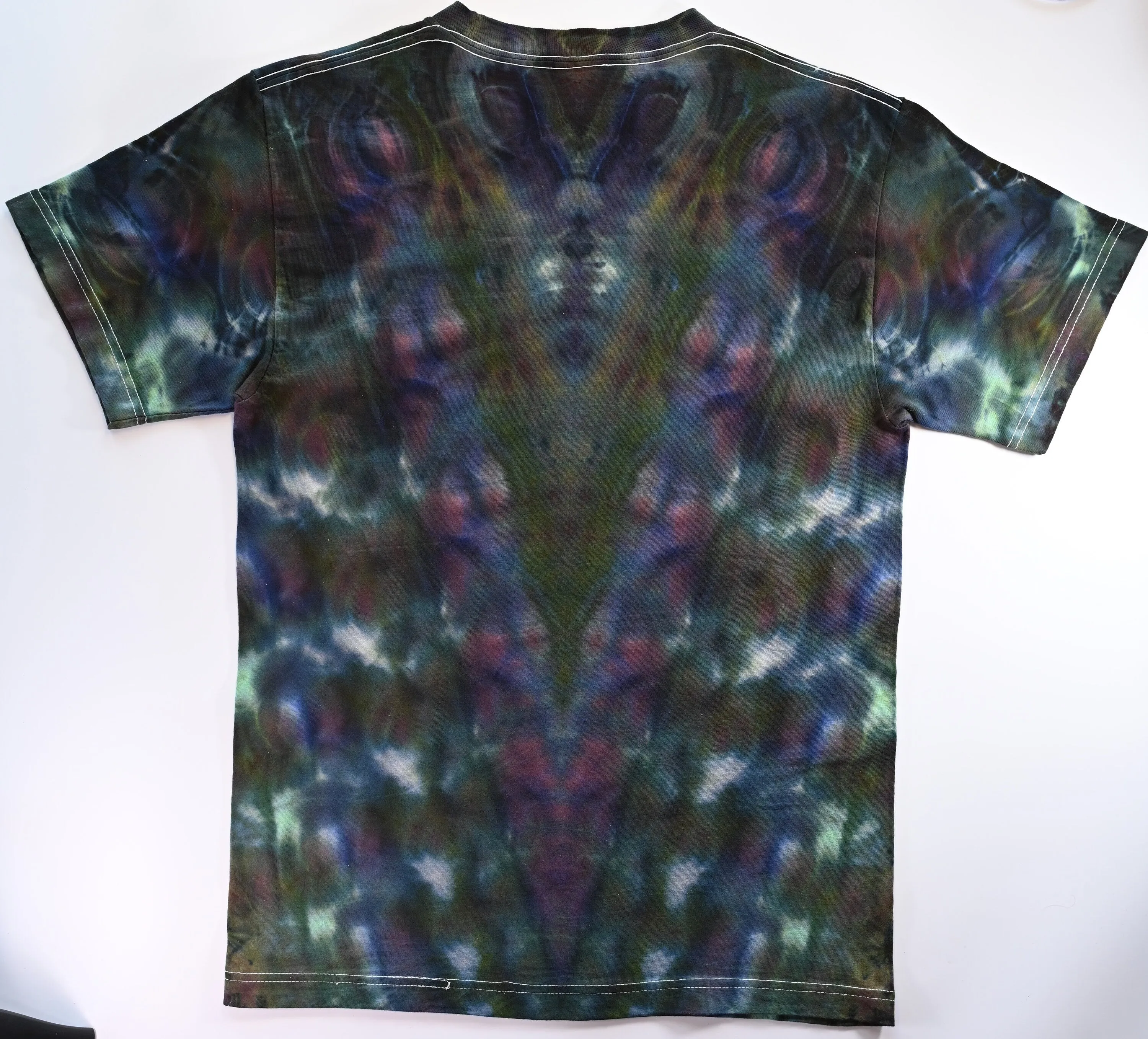 Small "Cosmic V Roll" Ice Dye Tie Dye on a Hanes Beefy Ringspun Cotton T-Shirt