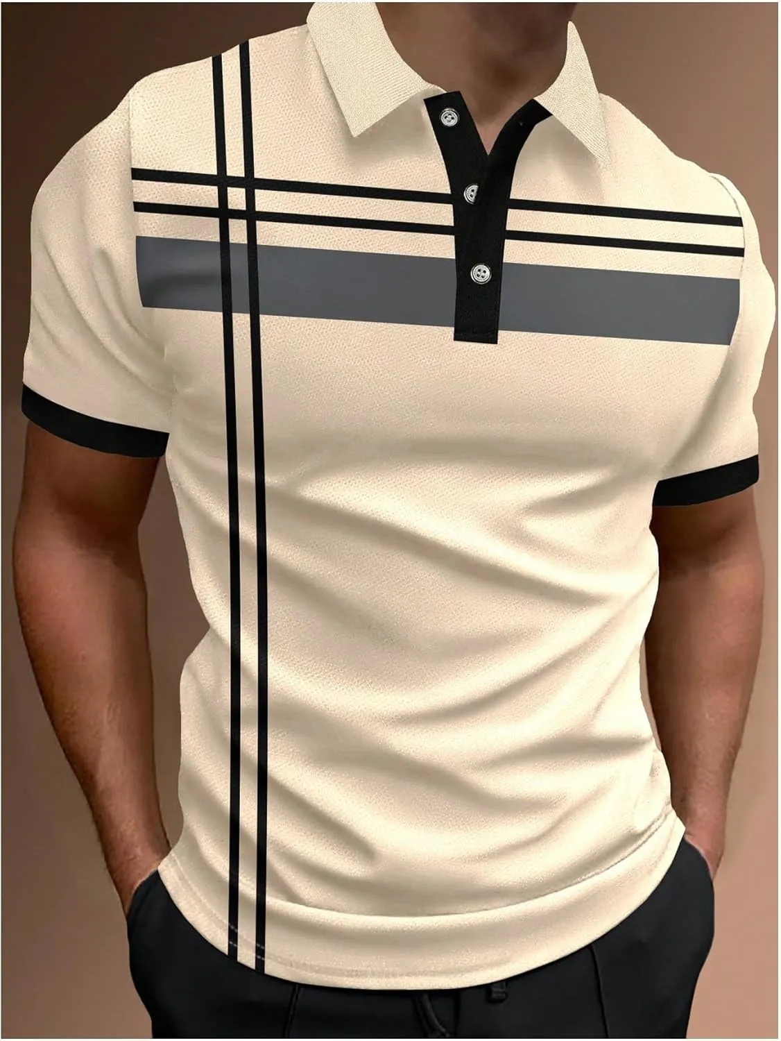 SOLY HUX Men's Casual Golf Shirts Short Sleeve Button Down Striped Collared Shirts Summer Work T-Shirt