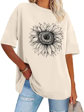 Sunflower Graphic Tees Oversized Vintage Shirts for Women Casual Printed Tshirts Loose Fit Summer Crew Neck Tops