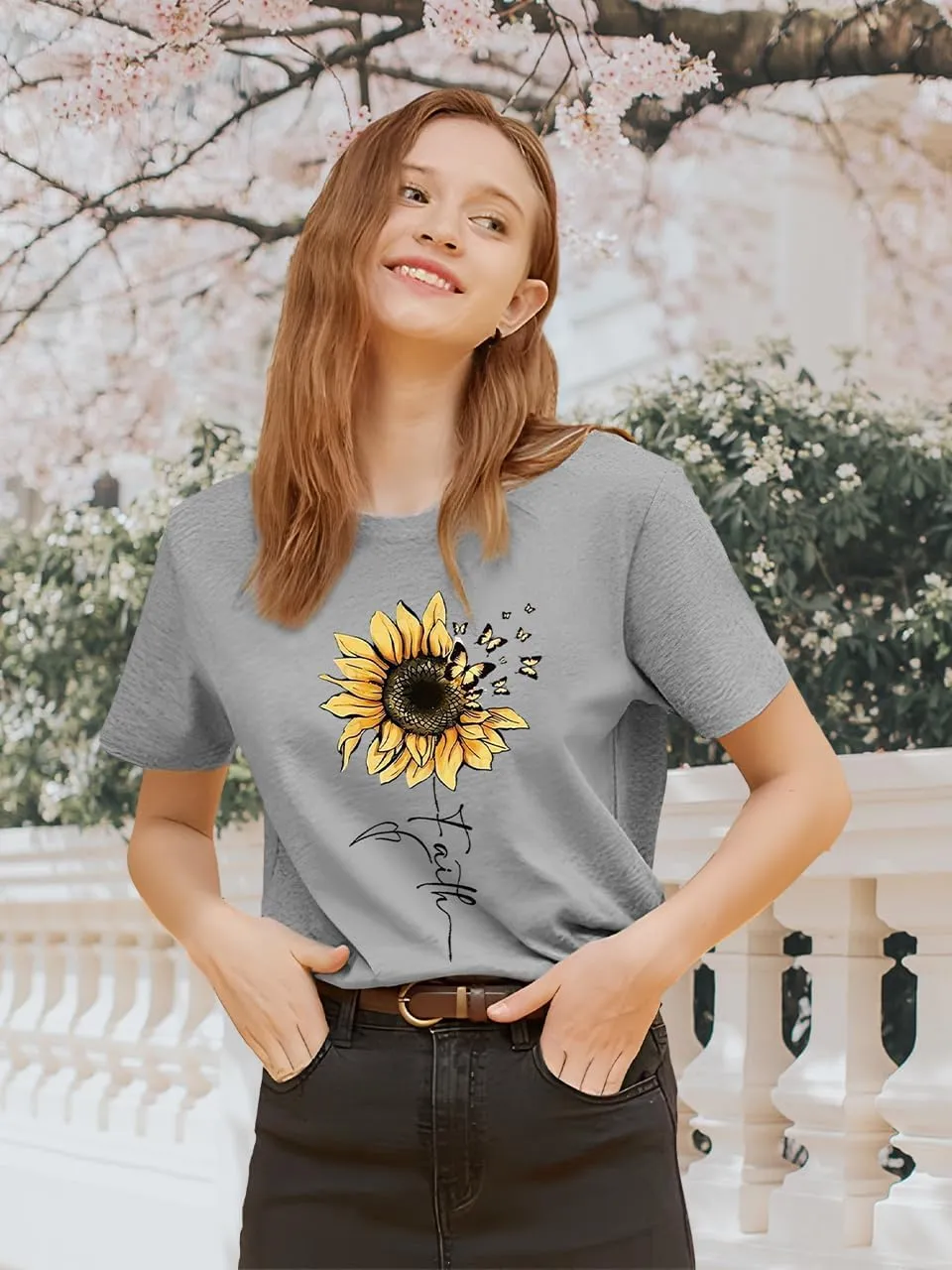Sunflower Shirts for Women Faith Graphic Tees Short Sleeve Loose Fit Butterfly Teen Girls T Shirt Summer Tops