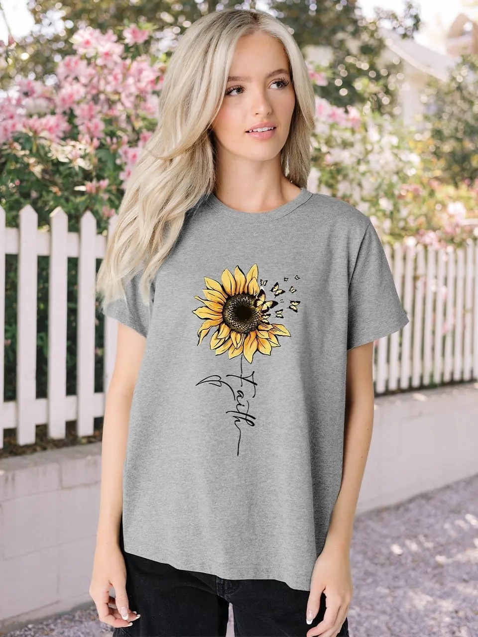 Sunflower Shirts for Women Faith Graphic Tees Short Sleeve Loose Fit Butterfly Teen Girls T Shirt Summer Tops