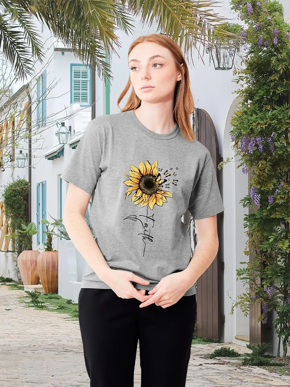 Sunflower Shirts for Women Faith Graphic Tees Short Sleeve Loose Fit Butterfly Teen Girls T Shirt Summer Tops