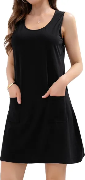 syztsho Womens Summer Dresses Casual Striped Scoop Neck T Shirt Dress Sleeveless Sundress with Pocke