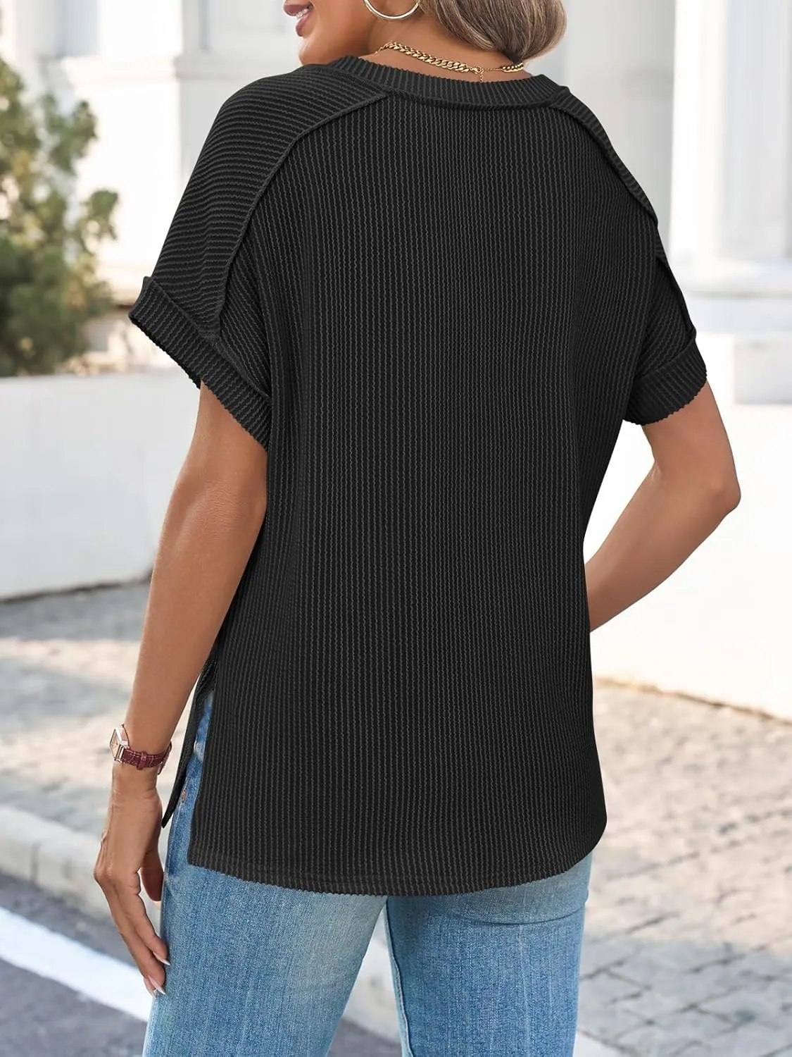 Tankaneo Womens Oversized V Neck Tshirts Summer Ribbed Knit Short Sleeve Tunic Tops Casual Loose Fit Tee Shirts