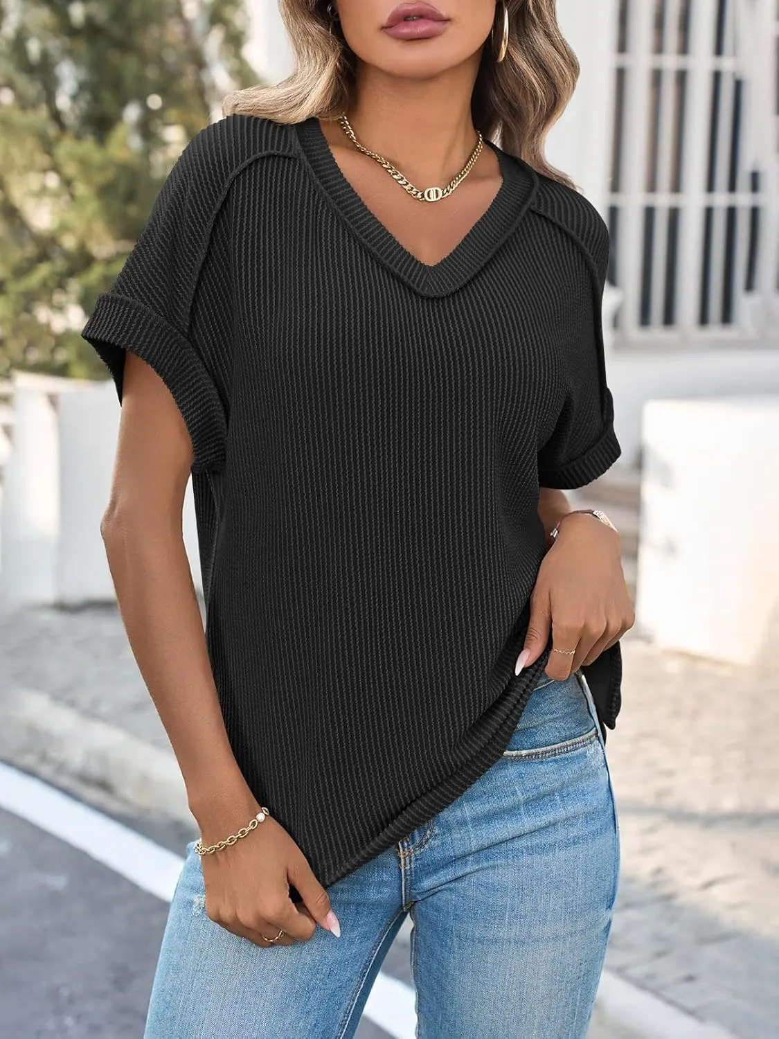 Tankaneo Womens Oversized V Neck Tshirts Summer Ribbed Knit Short Sleeve Tunic Tops Casual Loose Fit Tee Shirts