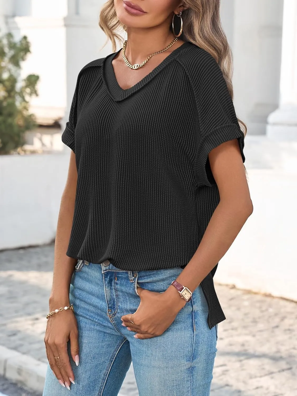Tankaneo Womens Oversized V Neck Tshirts Summer Ribbed Knit Short Sleeve Tunic Tops Casual Loose Fit Tee Shirts