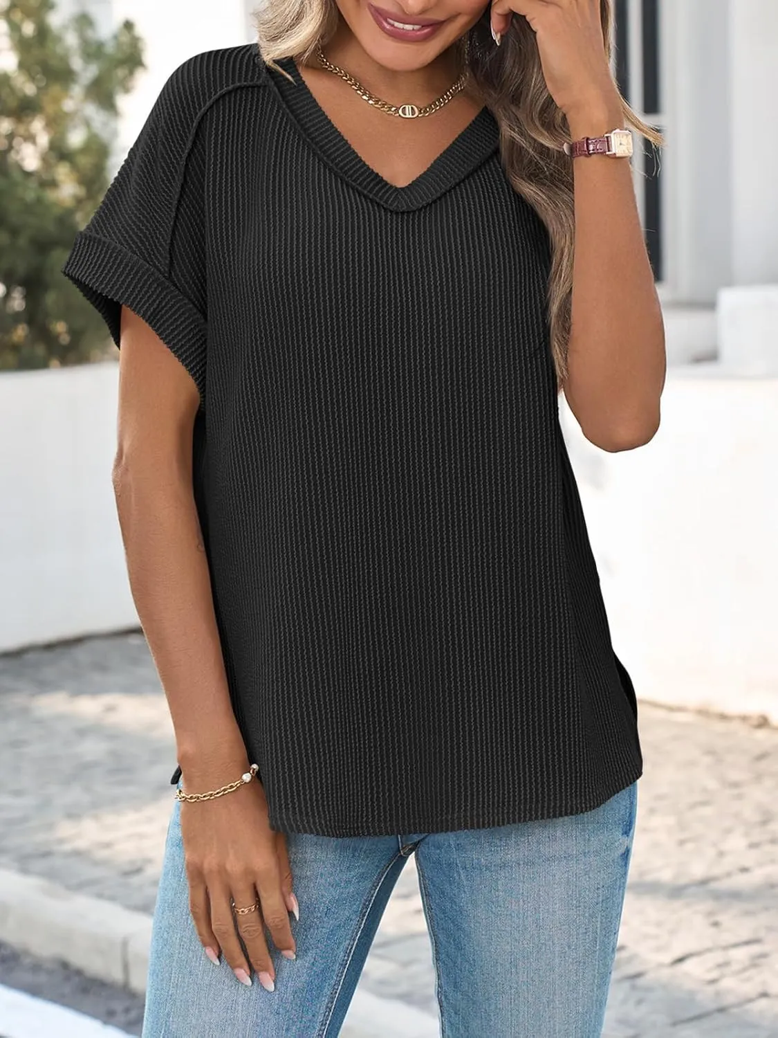 Tankaneo Womens Oversized V Neck Tshirts Summer Ribbed Knit Short Sleeve Tunic Tops Casual Loose Fit Tee Shirts