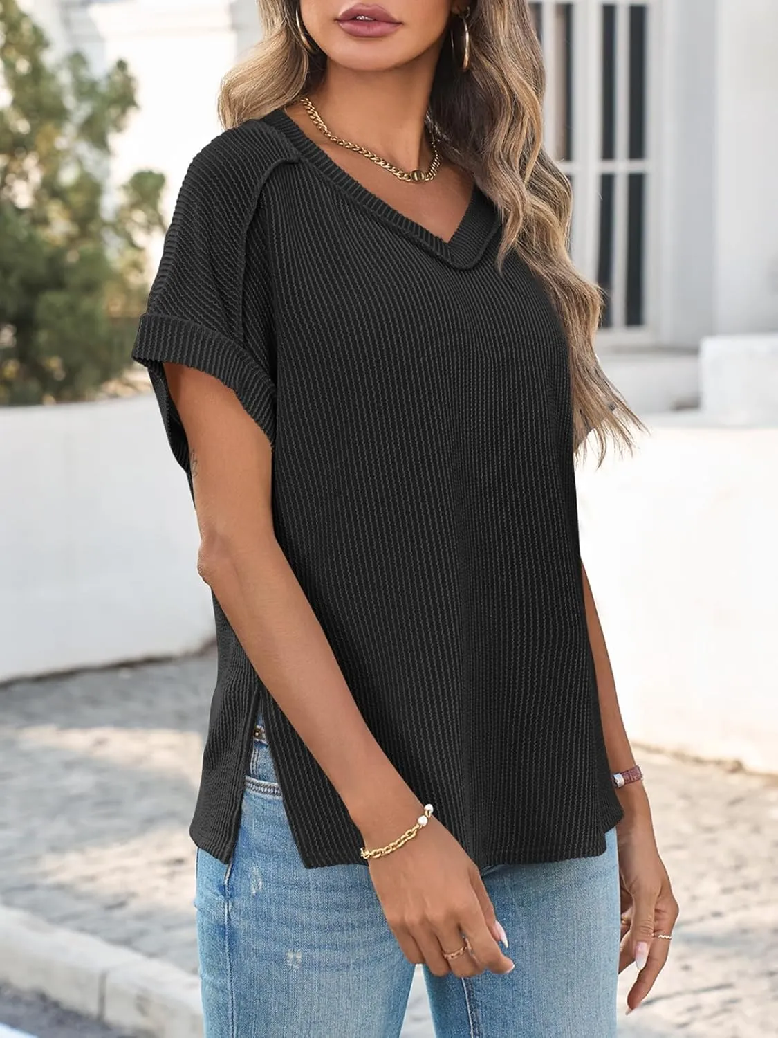 Tankaneo Womens Oversized V Neck Tshirts Summer Ribbed Knit Short Sleeve Tunic Tops Casual Loose Fit Tee Shirts
