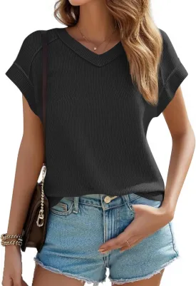 Tankaneo Womens Oversized V Neck Tshirts Summer Ribbed Knit Short Sleeve Tunic Tops Casual Loose Fit Tee Shirts