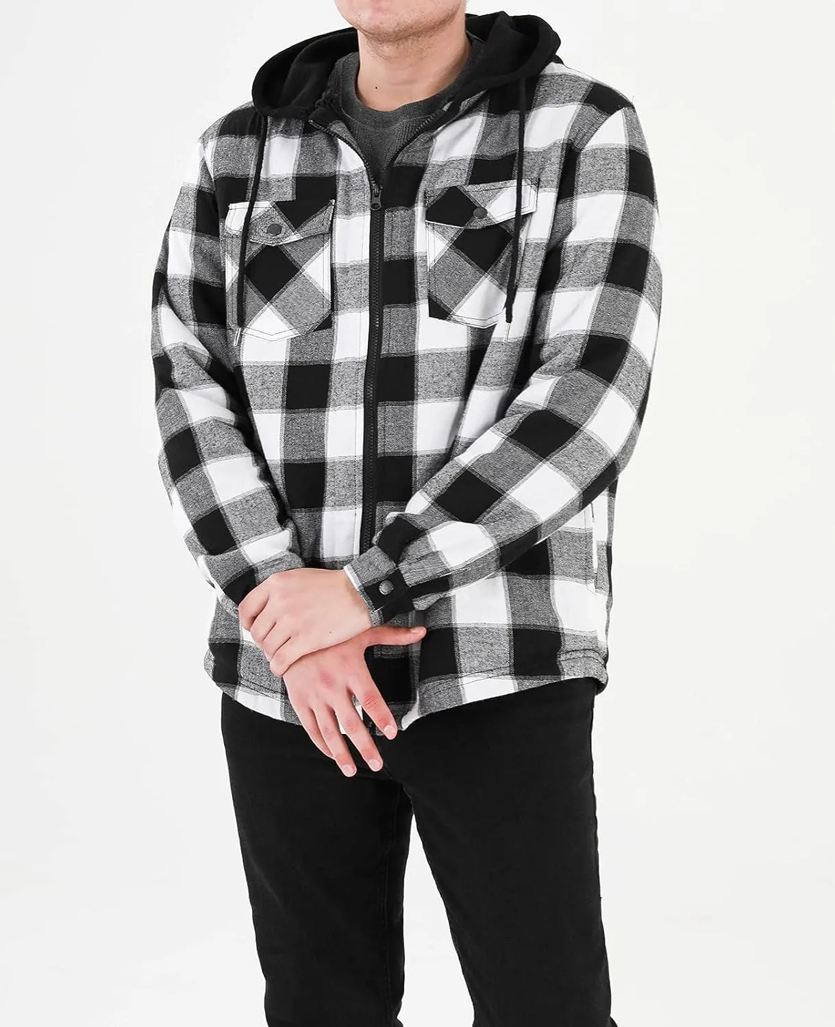 ThCreasa Mens Hooded Flannel Jacket Sherpa Fleece Lined Zip Up Fuzzy Hoodie Shirt Jackets