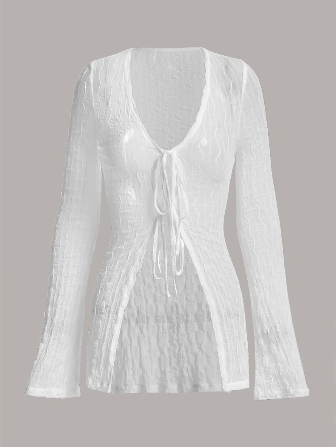Verdusa Women's 90s Top Bell Long Sleeve Tie Front Textured Sheer T-Shirt Cardigan