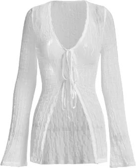 Verdusa Women's 90s Top Bell Long Sleeve Tie Front Textured Sheer T-Shirt Cardigan